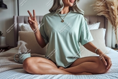 Woman peace sign mint t shirt mockup image Product Image 1