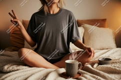 Woman peaceful meditation cozy bedroom image Product Image 1