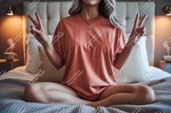 Woman peace gesture coral shirt mockup image Product Image 1