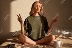 Blonde woman peace sign mockup green Product Image 1