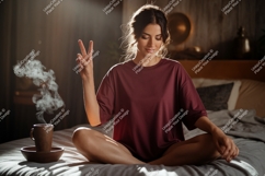 Woman meditating with coffee meditation steam Product Image 1