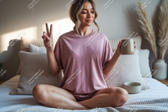Woman peaceful pose holding mug image Product Image 1