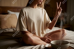 Woman wearing beige t shirt peace sign image Product Image 1