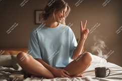 Woman peace sign light blue shirt image Product Image 1