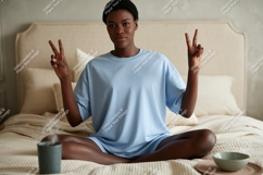 Young woman peace gesture light blue shirt mockup image Product Image 1