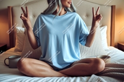 Woman peace sign blue shirt mockup image Product Image 1