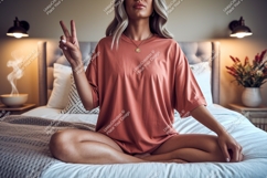 Woman peace sign casual bedroom mockup image Product Image 1