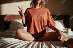 Woman peace gesture in orange shirt image Product Image 1