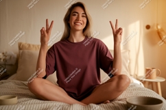 Woman peace sign gesture happy smile Product Image 1