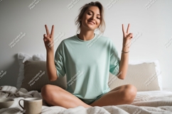 Woman peace sign light blue shirt mockup image Product Image 1