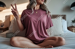 Woman wearing pink t shirt peace sign image Product Image 1