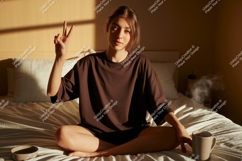 Young woman peace sign morning coffee image Product Image 1