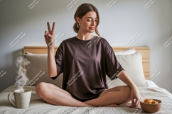 Woman peace gesture morning beverage image Product Image 1