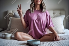 Woman peace sign relaxed bedroom mockup image Product Image 1