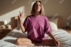 Woman meditating in oversized t shirt meditation peace Product Image 1