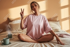 Woman peace gesture morning tea image Product Image 1