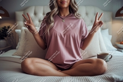 Woman wearing pink t shirt peace sign image Product Image 1