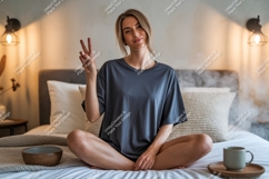 Woman peace gesture relaxed indoors image Product Image 1