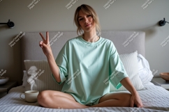 Woman peace sign mint shirt image Product Image 1