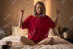 Woman red shirt peace gesture image Product Image 1
