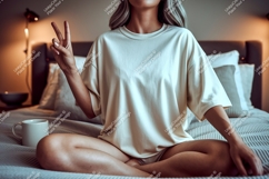 Woman peace gesture wearing cream t shirt image Product Image 1