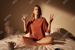 Woman peace sign coffee morning image Product Image 1