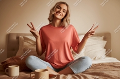 Woman peace sign cozy bedroom mockup image Product Image 1