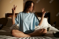 Woman peace gesture bedroom light image Product Image 1