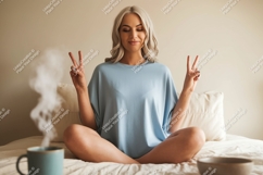 Woman meditating with peace signs yoga Product Image 1