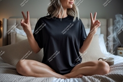 Woman peace sign black t shirt mockup image Product Image 1