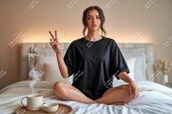 Woman peace sign black shirt mockup image Product Image 1