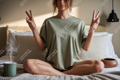 Woman peace sign green shirt mockup image Product Image 1