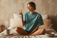 Woman peace sign teal shirt mockup image Product Image 1