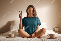 Woman peace sign coffee morning image Product Image 1
