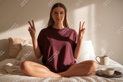 Woman peace sign burgundy shirt mockup image Product Image 1