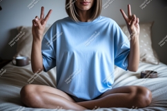 Woman blue shirt peace sign mockup image Product Image 1