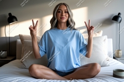 Woman peace sign blue shirt mockup image Product Image 1