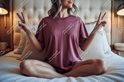 Woman wearing maroon t shirt peace sign t-shirt Product Image 1