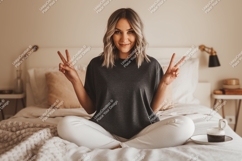 Woman peace gesture dark t shirt mockup image Product Image 1