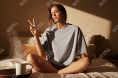 Woman grey t shirt peace sign mockup image Product Image 1
