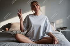 Woman peace sign grey t shirt mockup image Product Image 1