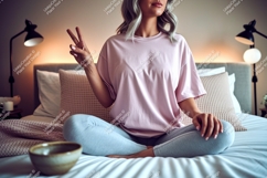 Woman peace sign pink shirt grey leggings image Product Image 1