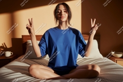 Woman meditating in blue shirt meditation yoga Product Image 1