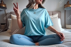 Woman wearing blue t shirt peace sign image Product Image 1