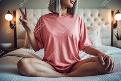 Woman wearing pink t shirt peace sign image Product Image 1