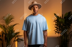 Man wearing light blue t shirt and hat Product Image 1