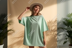 Woman wearing mint green oversized t-shirt and hat Product Image 1