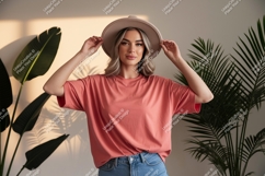 Woman wearing coral t-shirt and hat plants Product Image 1