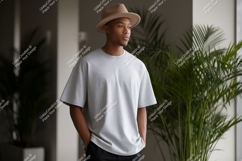 Man wearing grey t-shirt and hat casual Product Image 1