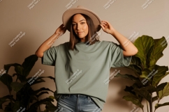 Woman wearing green t shirt and hat image Product Image 1
